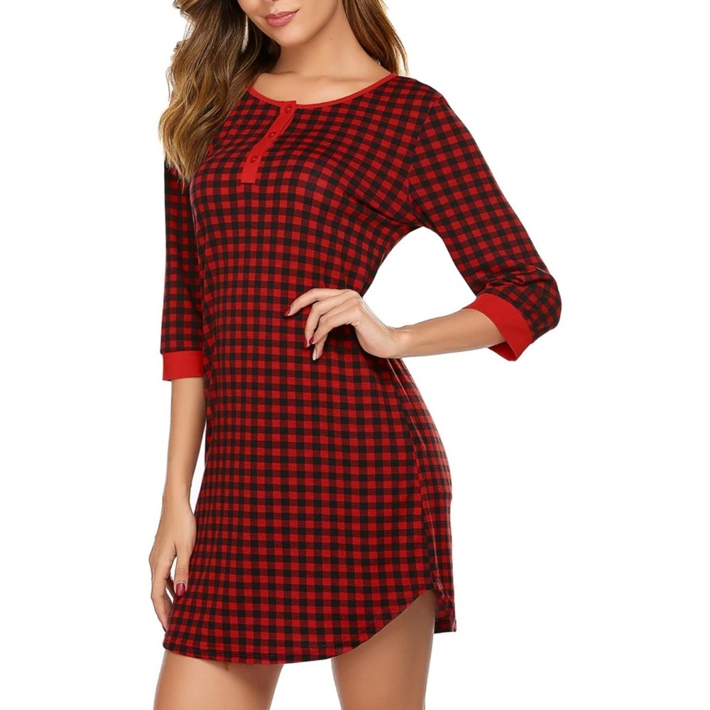 Ekouaer Women’s Plaid 3/4 Sleeve Button Down Sleep Dress/Sleep Shirt/Pajamas|NEW - Picture 1 of 10